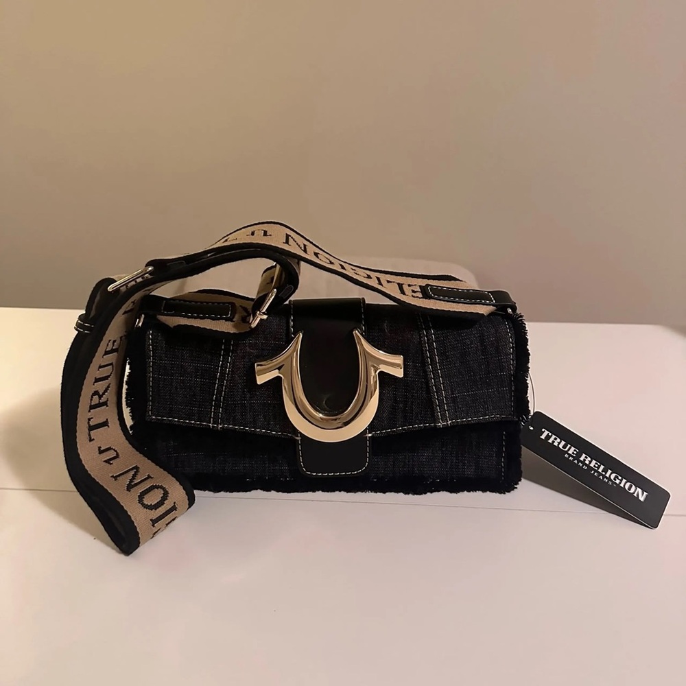 True Religion Black Denim Crossbody with Branded Canvas Strap
